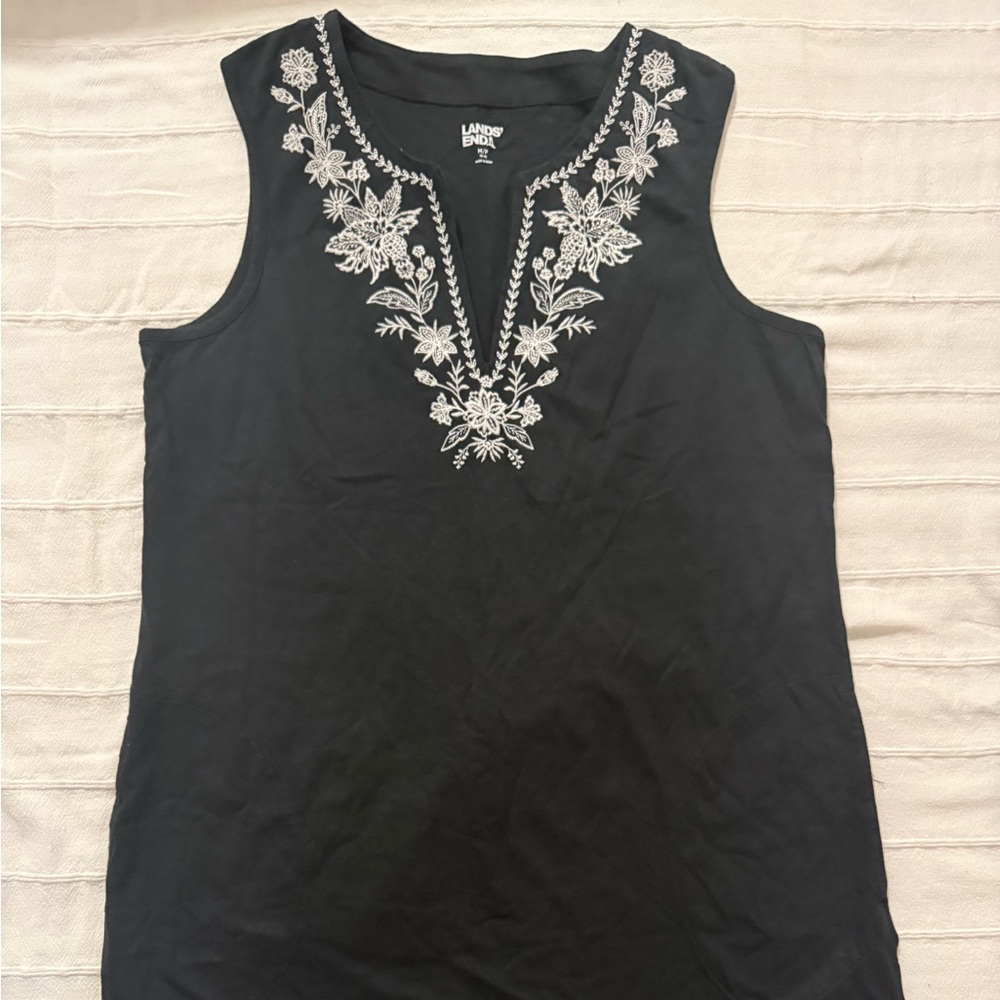 Lands' End Black Tank Top with White Floral Design